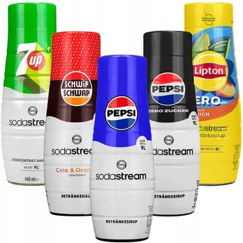 5x "SodaStream Pepsi" sirupas, "Pepsi MAX", "Lipton peach zero", 7UP, "Schwip Schwap
