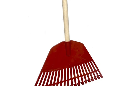 Grėblys lapams, vėduoklinis, plastikinis 28 dantų, plotis 46cm, su kotu