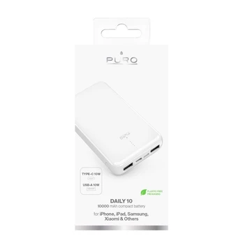 Powerbank Puro White 10000mAh 12W 2xUSB-A + USB-C – balta