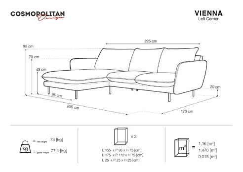 Left Corner Sofa, "Vienna", 5 Seats, 255x170x95 Made in Europe