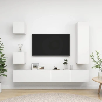 Televizoriaus spintelių komplektas, 5 dalių, baltas, mediena