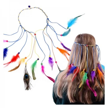 Boho Headband with Colorful Feathers and Beads ZA5581