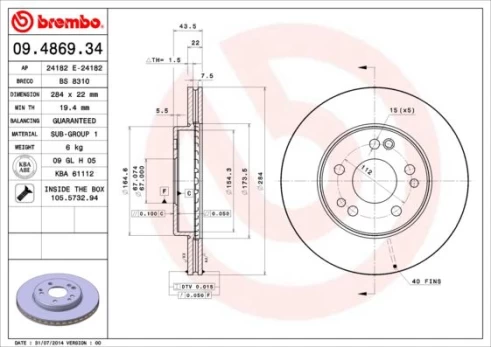 Stabdžių diskas BREMBO 09.4869.34