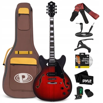 Pyle PJAZZGT88BR pusiau akustinė elektrinė džiazo gitara, 6 stygos, dešiniarankė