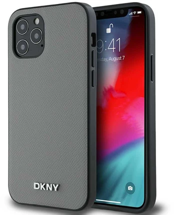 Dėklas DKNY PU Leather Sidabrinis Metal Logo Magsafe Case for iPhone 12/12 Pro Pilkas