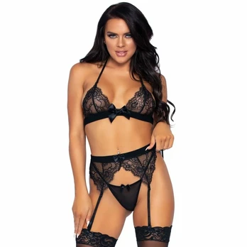Leg Avenue Set L - Lace Top, Garter Belt & G-String, Eyelash Finish