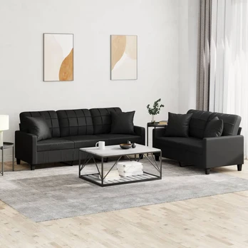 Sofa Sofos komplektas su pagalvėmis, 2 dalių, juodas, dirbtinė oda