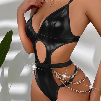Faux Leather Cut-out Bodysuit with Chains L/XL Black by Shots