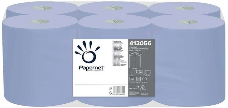 Pramoninis ruloninis popierius PAPERNET Centrefeed, 135 m, 2 sl., mėlynos sp., perdirbtas pluoštas