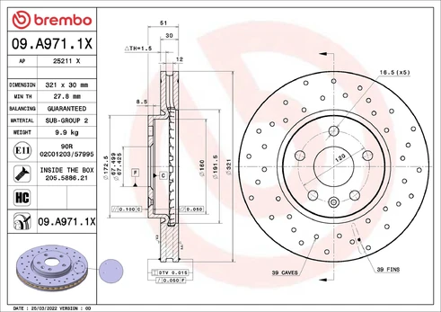 Stabdžių diskas BREMBO 09.A971.1X