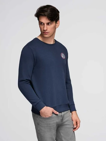 Blue Men's sweatshirt with round neckline and patch - navy mėlynas V2 B1713