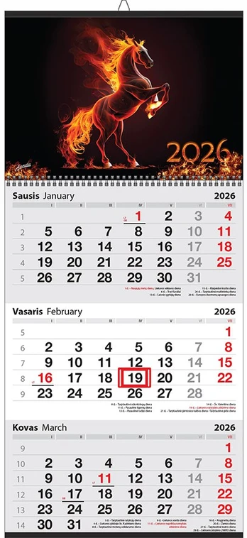 2026 metų pakabinamas kalendorius „Ugninis arklys“ (trijų dalių)