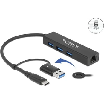 DELOCK 3 Port USB 3.2Gen1 Hub Gigabit LAN USB Typ-C o. Typ-A