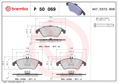 Stabdžių trinkelių rinkinys, diskinis stabdys BREMBO P50069