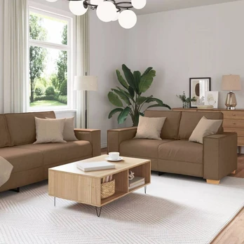 3 dalių sofa su pagalvėlėmis, ruda tekstilė