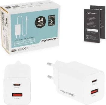 Movano GaN 45W USB-C PD + USB-A Charger (White)