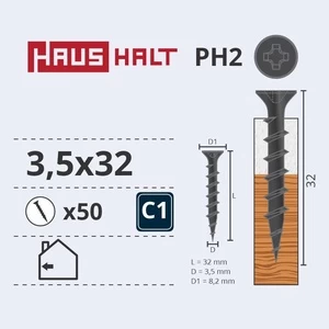 Medsraigtis Haushalt PH2, 3.5 x 32 mm, pilka, 50 vnt.