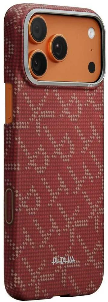 PITAKA itin plonas monograminis „MagSafe“ dėklas, skirtas „iPhone 17 Pro Max“, aukso ir raudonos spalvos