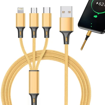 USB laidas 3in1 Type-C / Micro USB / Lightning 1,2 m 2.1A, auksinis