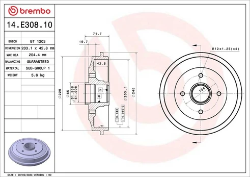 Stabdžių būgnas BREMBO 14.E308.10