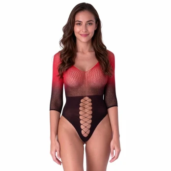 PASSION BS118 Black & Red Mesh Bodystocking - Elegant 3/4 Sleeve Design