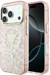 Dėklas Guess IML Leopard Glitter Triangle Logo MagSafe do iPhone 18 Pro Max / 17 Pro Max rožinė kaina