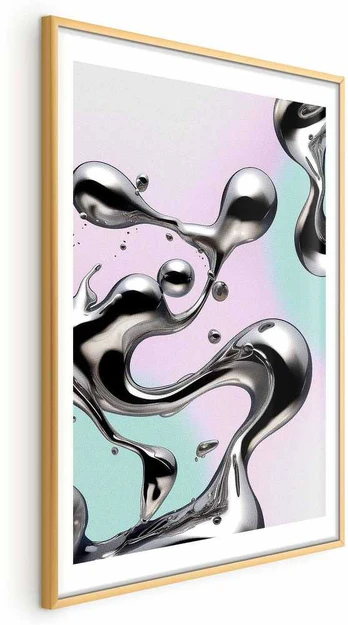 Artgeist Plakatas - Metallic Fluidity - abstract sidabrinis forms on a mint-violetinė background