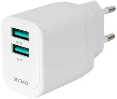 Deltaco USB wall charger, 2x USB-A, 12 W jungtys, max total 12W, baltas