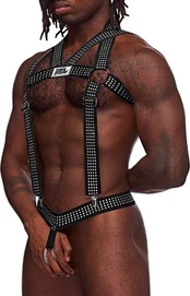 Male Power Elastic Harness Juodas Adjustable Studded One Size