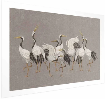Artgeist Plakatas - Crane Dance - light bird silhouettes on a warm-pilka textured background