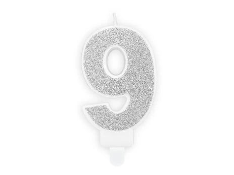 Gimtadienio žvakutė Skaičius 9, sidabrinė, 7 cm, 1 vnt.