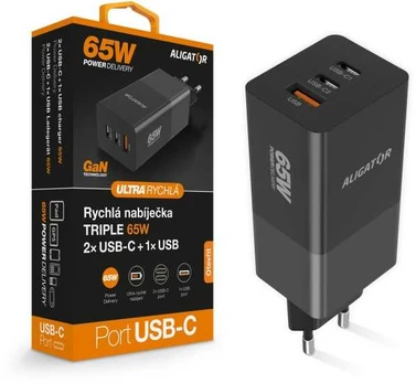 ALIGATOR GaN smart mains charger, Power Delivery 65W, 2xUSB-C, 1xUSB-A, juodas