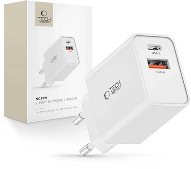 Tech-Protect NC30W USB-C PD 30W / USB-A QC 3.0 įkroviklis – baltas