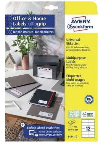 Avery Zweckform Avery 3424-10, Baltas, Rectangle, Permanent, 105 x 48 mm, A4, Paper