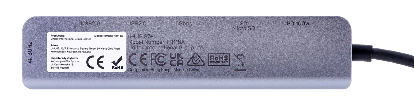 UNITEK HUB USB-C H1118A; USB-A x3, USB-C, HDMI, SD, Micro SD