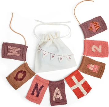 Smallstuff - Birthday 1-9, cake, flag, present and leather string in fabric bag - Rose - 11x7 cm