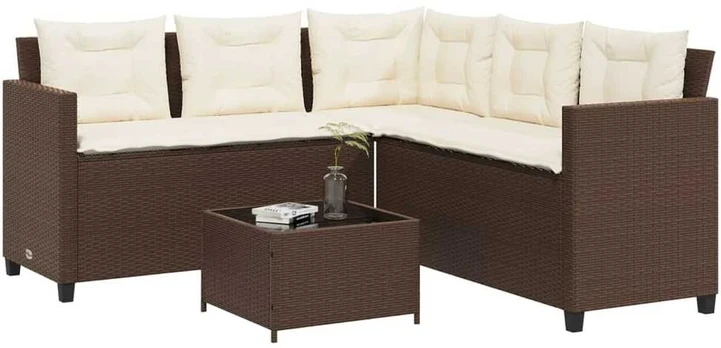 Sodo sofa su stalu/pagalvėlėmis, ruda, poliratanas, L formos