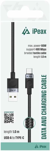 iPEAX TEXTILE CABLE USB-A / USB-C 1M, USB 2.0 Juodas