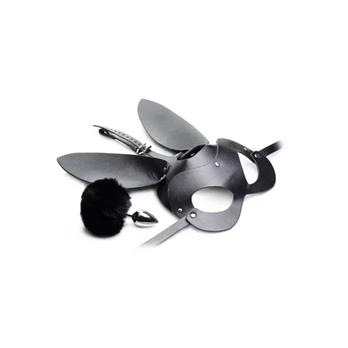 XR Brands Tailz Bunny Tail Plug & Mask Set - Juodas, Vegan Friendly