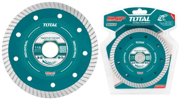 Deimantinis pjovimo diskas TOTAL, plonas-0,8 mm, 115x22 mm, segmento plotis 8 mm, TAC2131151HT