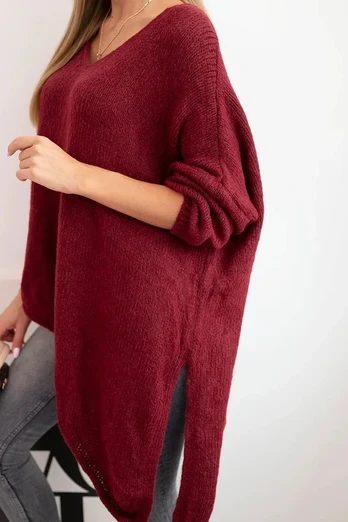 Moteriškas Plus Size asimetrinis megztinis su V formos iškirpte, bordo spalvos