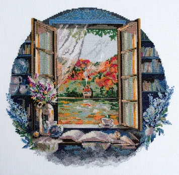 Kryželiu siuvinėjimo rinkinys „Arbatos metas prie lango“ 23x23 cm