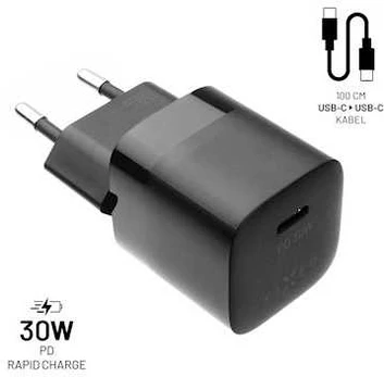FIXED Mini įkroviklis 30W + USB-C/USB-C kabelis, juodos spalvos
