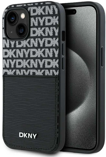 Dėklas DKNY PU Leather Repeat Pattern Card Pocket Case for iPhone 14 Juodas