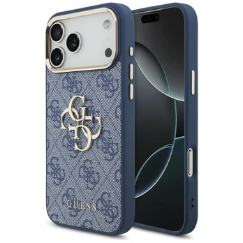 Dėklas Guess PU Leather 4G Metal Logo Gold Frame Case for iPhone 18 Pro Max Mėlyna