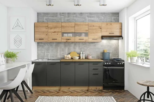 Virtuvės baldų komplektas Perla 260, pilkas/ąžuolo, 2.6 m
