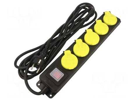 Extension lead | 3x1.5mm2 | Schuko | Sockets: 5 | rubber | black | 5m | 16A