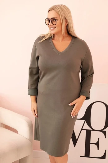 Moteriška Plus Size suknelė su V formos iškirpte, chaki spalvos