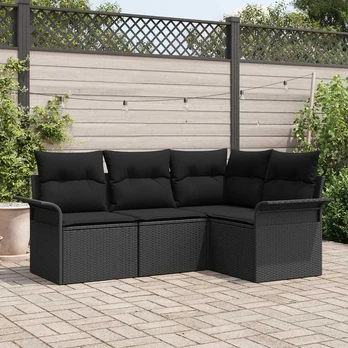 4 dalių sodo sofos komplektas su pagalvėmis Juodas poly rattan
