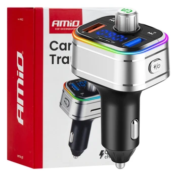 Transmiter automobilinis fm 2×usb-a 1×usb-c microsd 12v 24v amio-04652